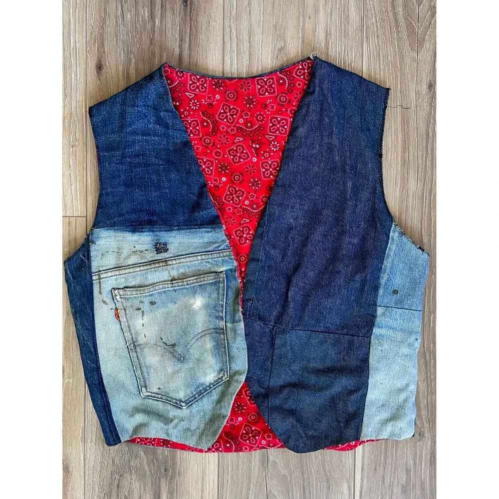 Upcycled Vintage Levis Orange Tab Denim Patchwork Vest Unisex Streetwear Grunge